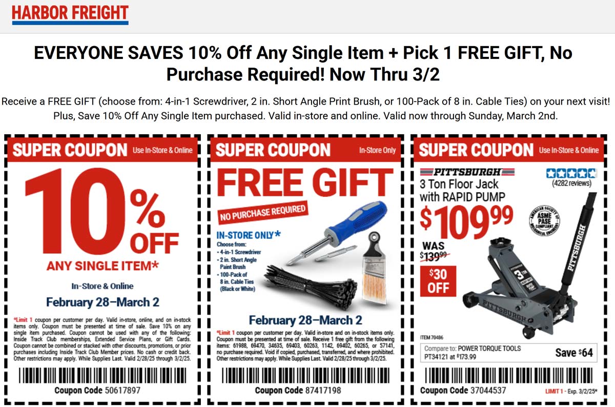 Harbor Freight stores Coupon  Free gift + 10% off at Harbor Freight tools, no purchase necessary #harborfreight 