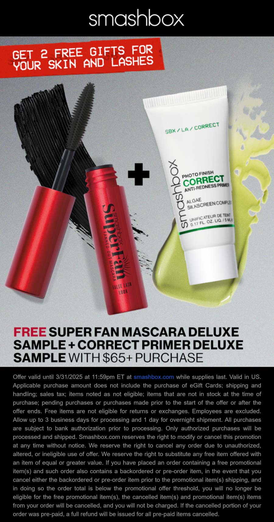 Smashbox stores Coupon  Free mascara & primer on $65 at Smashbox #smashbox 