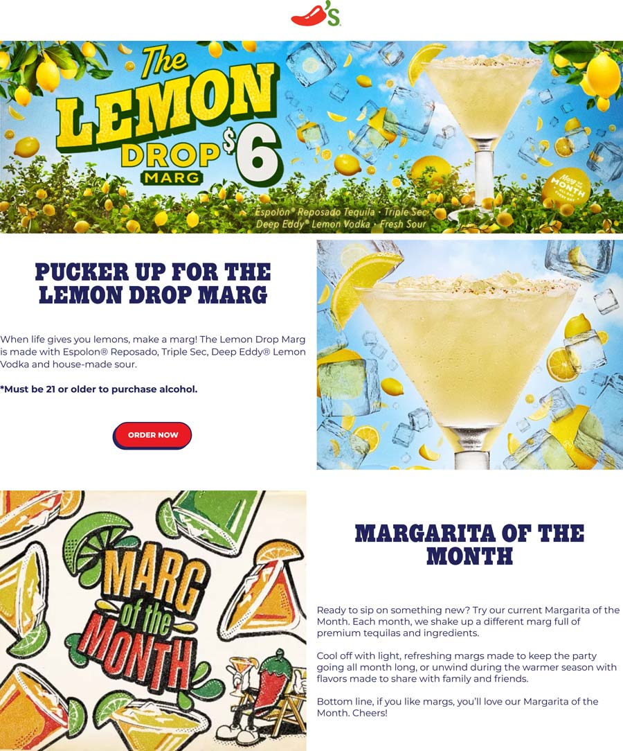 Chilis restaurants Coupon  $6 lemon drop margaritas at Chilis restaurants all of March #chilis 