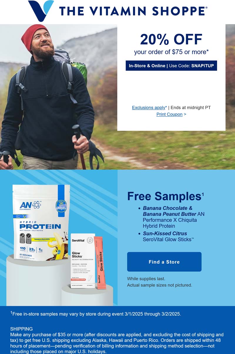 The Vitamin Shoppe stores Coupon  20% off $75+ today at The Vitamin Shoppe, or online via promo code SNAPITUP #thevitaminshoppe 