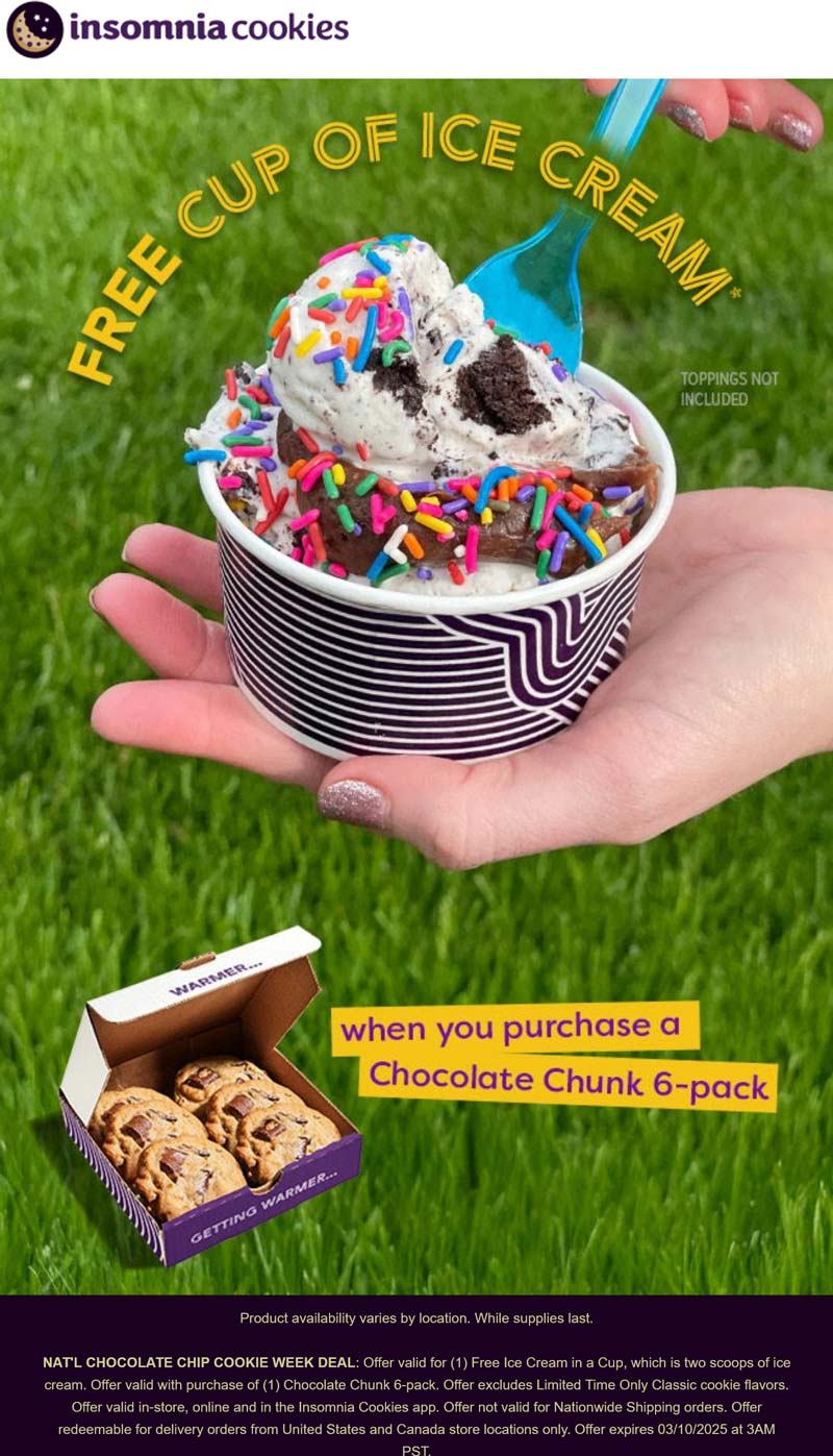 Insomnia Cookies restaurants Coupon  Free ice cream with your 6pk at Insomnia Cookies #insomniacookies 