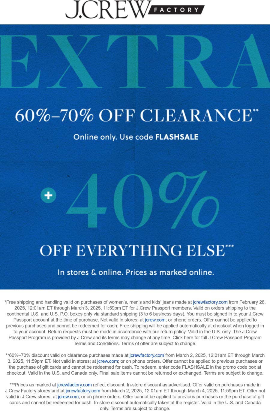 J.Crew Factory stores Coupon  40% off & more today at J.Crew Factory #jcrewfactory 