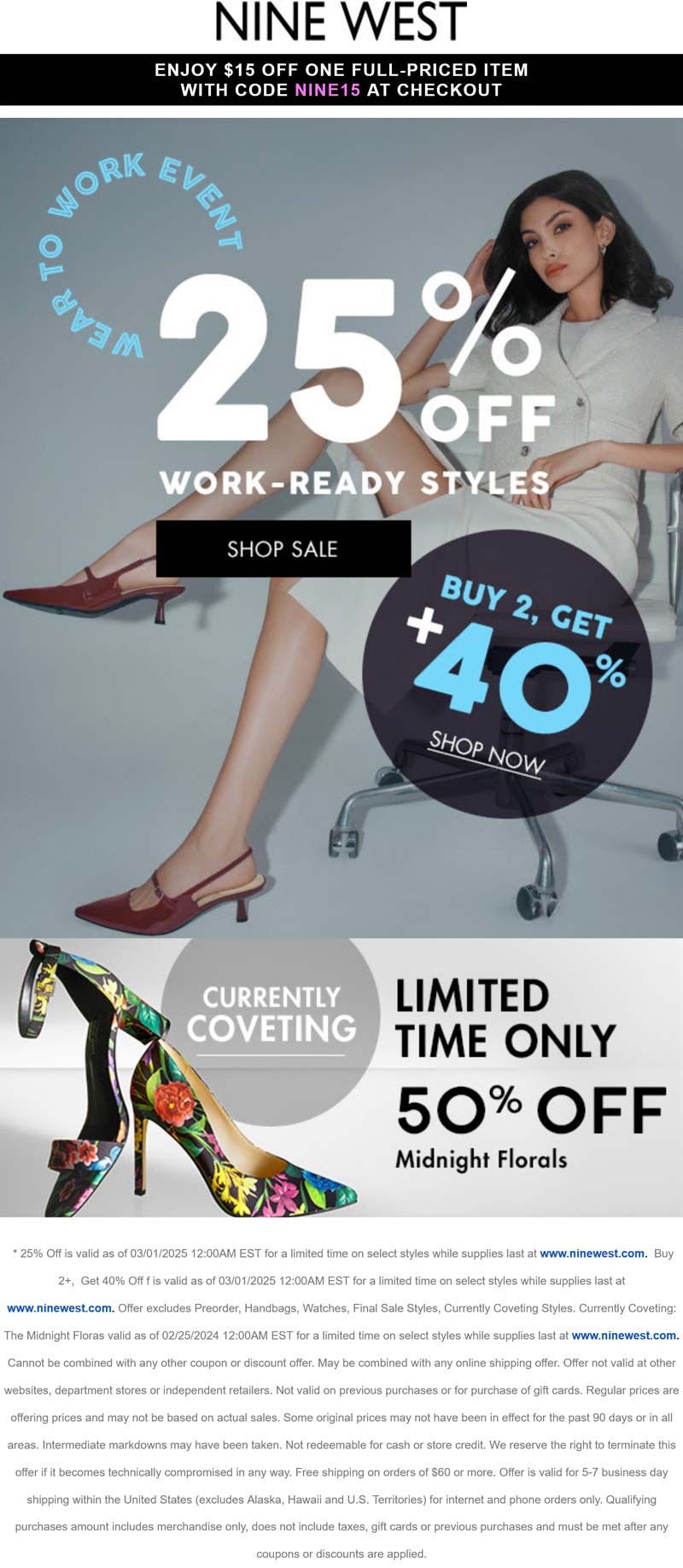 Nine West stores Coupon  $15 off a single item + 25-40% off work styles at Nine West via promo code NINE15 #ninewest 