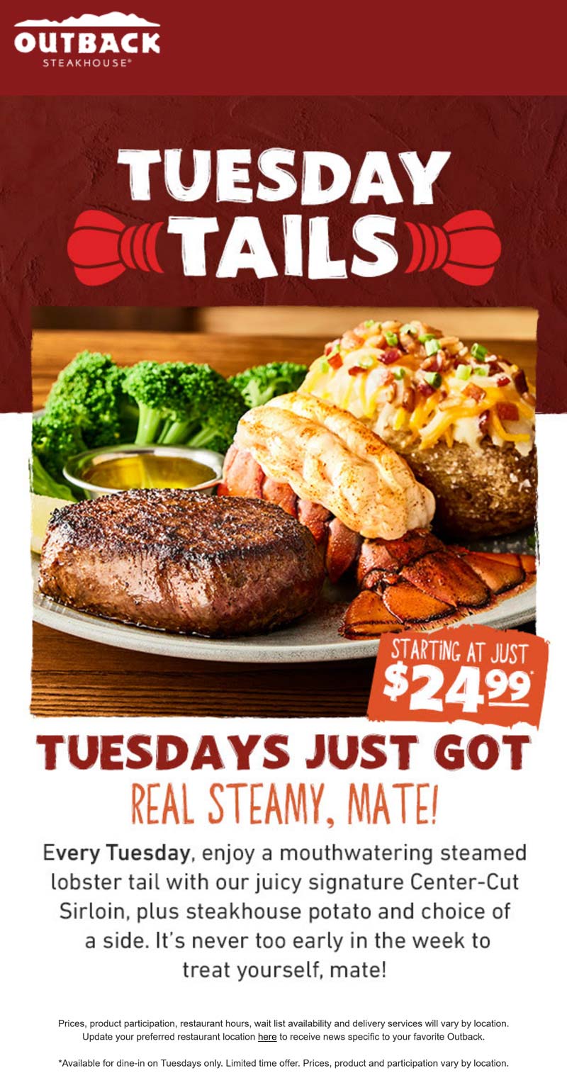 Outback Steakhouse restaurants Coupon  Lobster + steak + potato + side = $25 today at Outback Steakhouse #outbacksteakhouse 