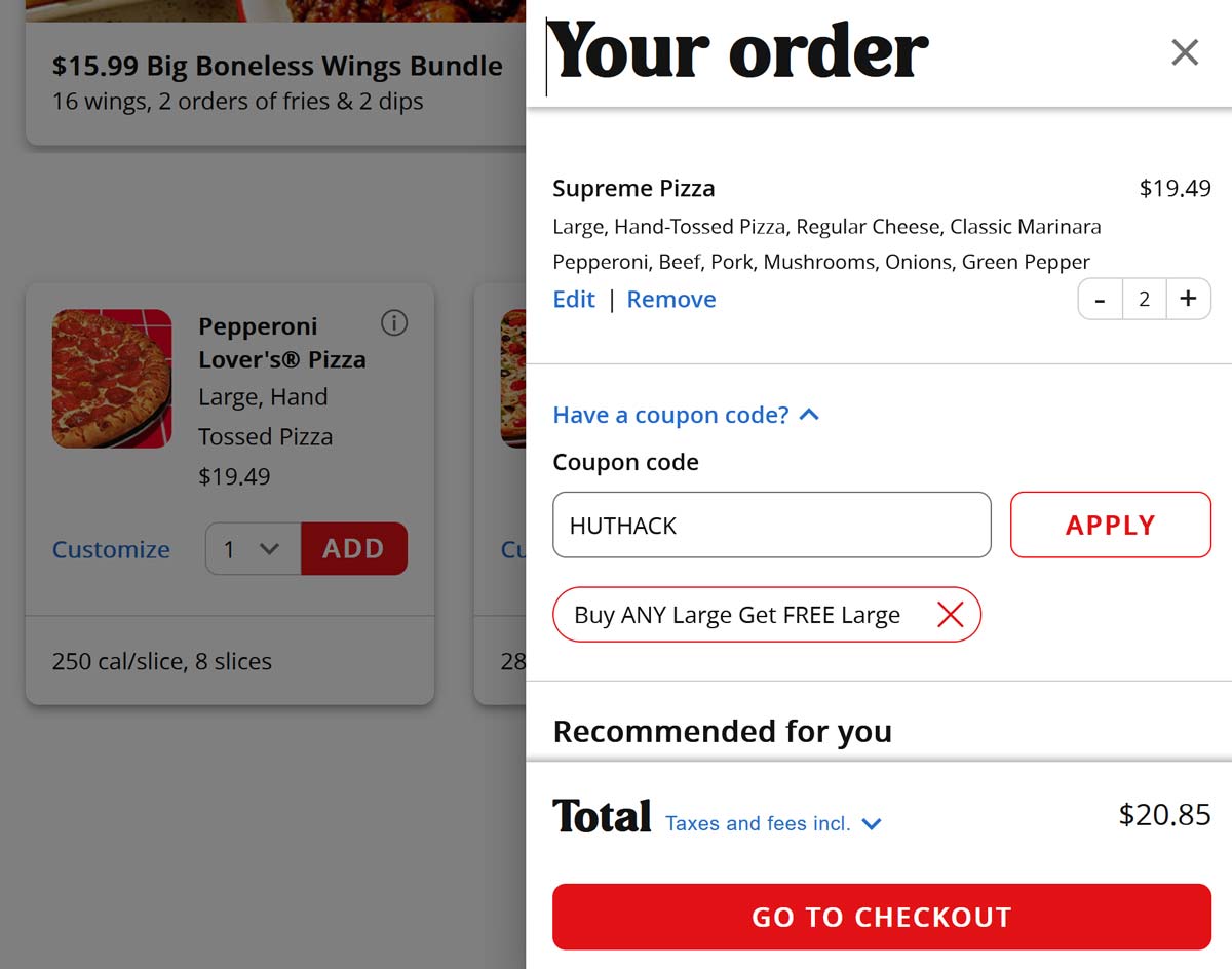 Pizza Hut restaurants Coupon  Second large pizza free at Pizza Hut via promo code HUTHACK #pizzahut 