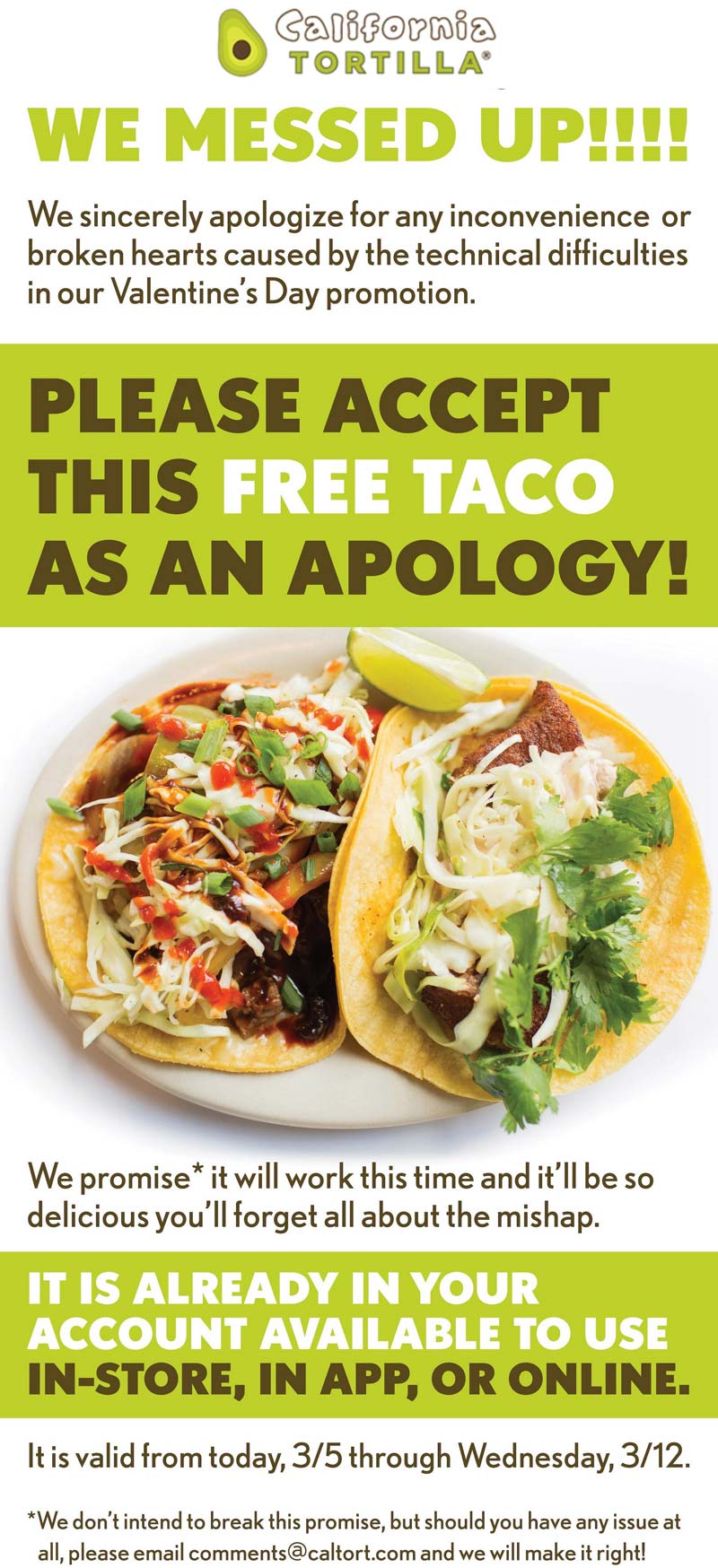 California Tortilla restaurants Coupon  Free taco via login at California Tortilla #californiatortilla 