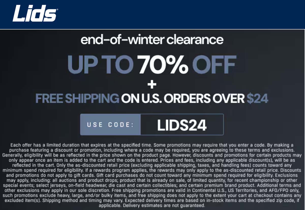 Lids stores Coupon  End of winter 70% off clearance today at Lids via promo code LIDS24 #lids 