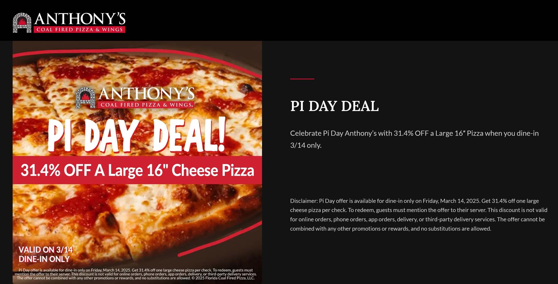 Anthonys restaurants Coupon  31.4% off a large cheese Friday pi-day at Anthonys coal fired pizza #anthonys 