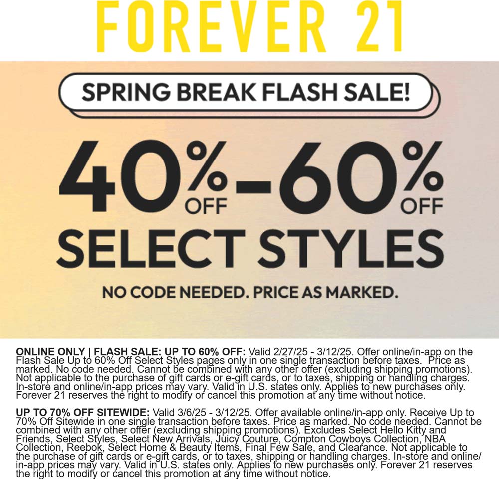 Forever 21 stores Coupon  40-60% off spring break styles online at Forever 21 #forever21 