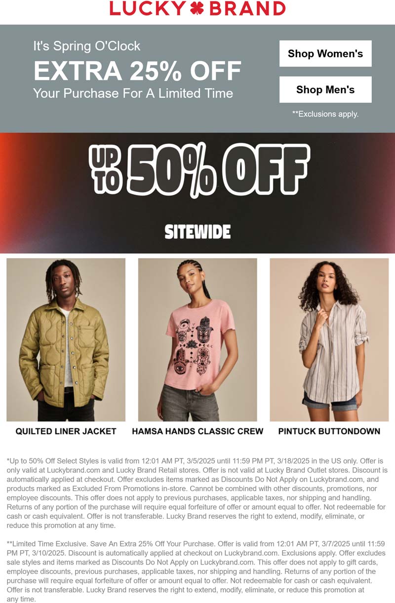 Lucky Brand stores Coupon  Extra 25% off & more at Lucky Brand #luckybrand 