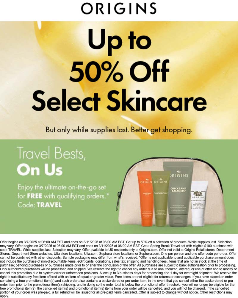 Origins stores Coupon  Free travel kit on $100 at Origins via promo code TRAVEL #origins 