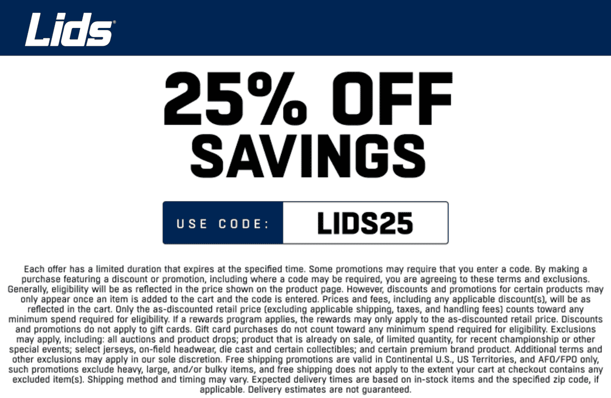 Lids stores Coupon  25% off today at Lids via promo code LIDS25 #lids 