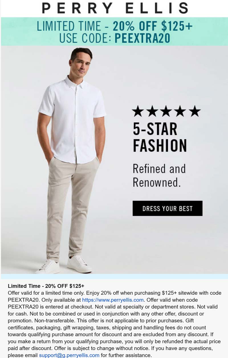 Perry Ellis stores Coupon  20% off $125+ at Perry Ellis via promo code PEEXTRA20 #perryellis 