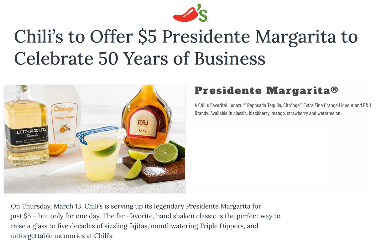 Chilis restaurants Coupon  $5 presidente margarita Thurs at Chilis restaurants #chilis 