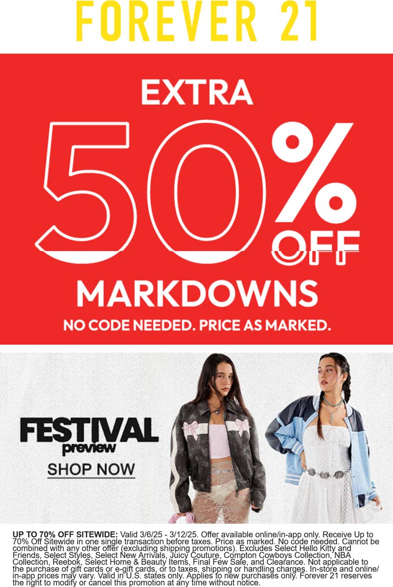 Forever 21 stores Coupon  Extra 50% off sale items & more at Forever 21 #forever21 