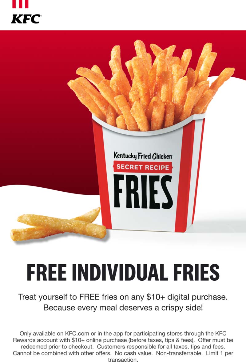 KFC restaurants Coupon  Free fries on $10 online at KFC #kfc 