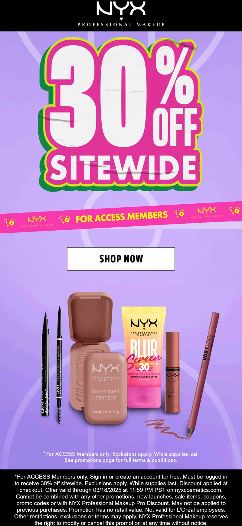 NYX Professional Makeup stores Coupon  30% off everything via login at NYX Professional Makeup #nyxprofessionalmakeup 