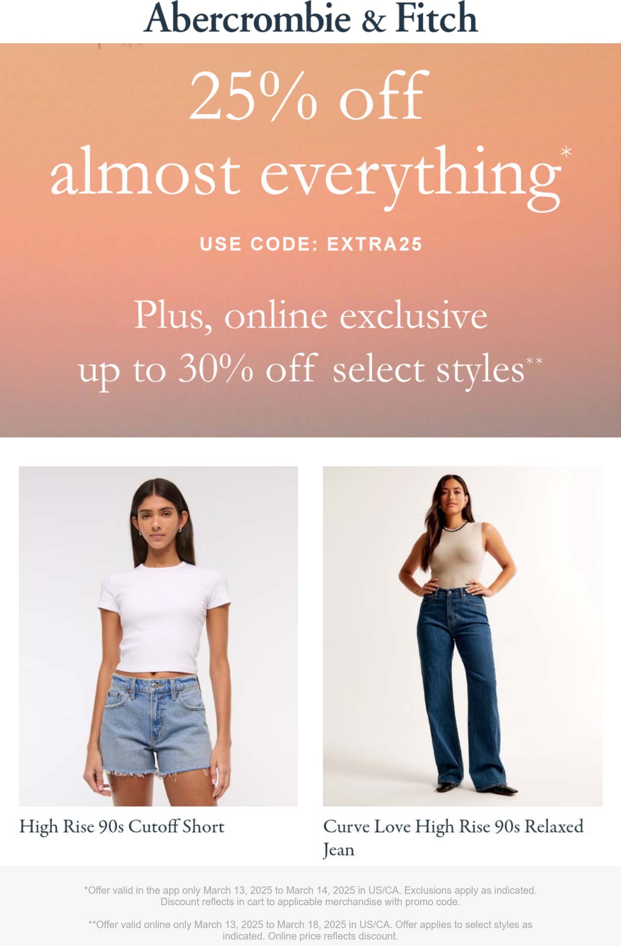 Abercrombie & Fitch stores Coupon  25% off today at Abercrombie & Fitch via promo code EXTRA25 #abercrombiefitch 