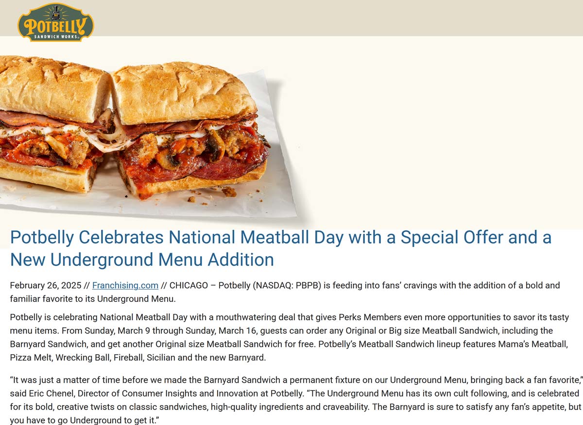 Potbelly restaurants Coupon  Second meatball sandwich free at Potbelly #potbelly 