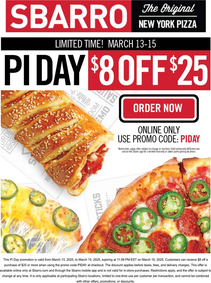 Sbarro restaurants Coupon  $8 off $25 at Sbarro pizza via promo code PIDAY #sbarro 