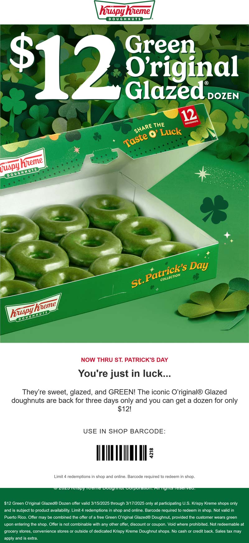 Krispy Kreme restaurants Coupon  $12 green glazed dozen doughnuts at Krispy Kreme #krispykreme 