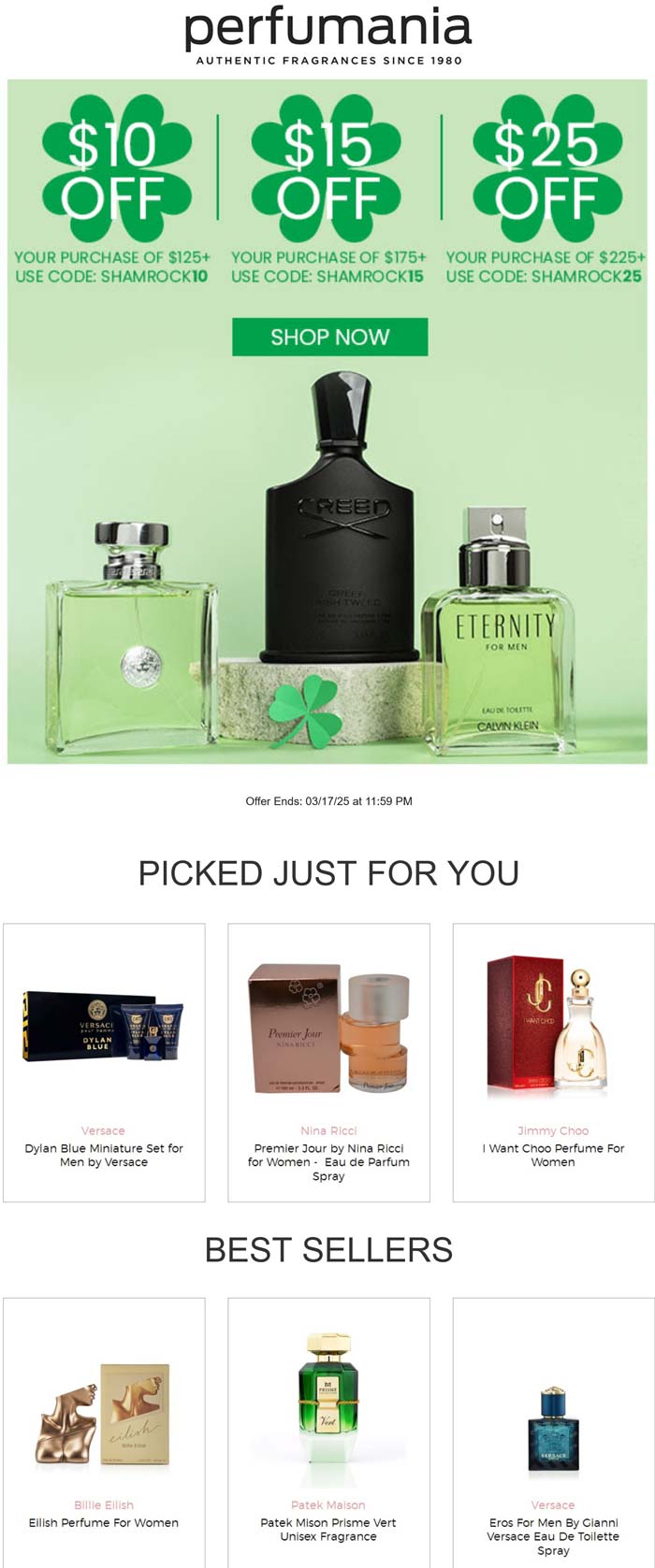 Perfumania stores Coupon  $10-$25 off $125+ at Perfumania via promo coe SHAMROCK10 #perfumania 