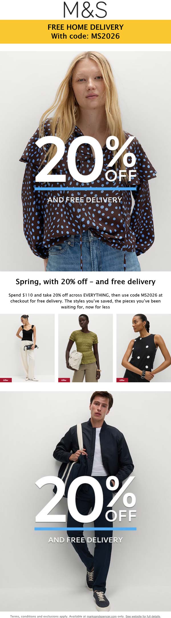 Marks and Spencer stores Coupon  20% off at Marks and Spencer via promo code MS2026 #marksandspencer 