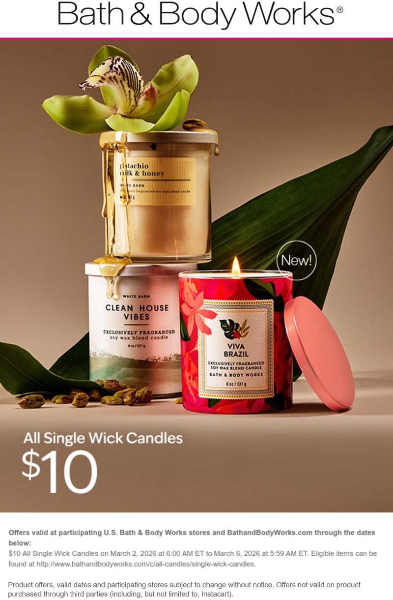 Bath & Body Works stores Coupon  $10 single wick candles today at Bath & Body Works #bathbodyworks 