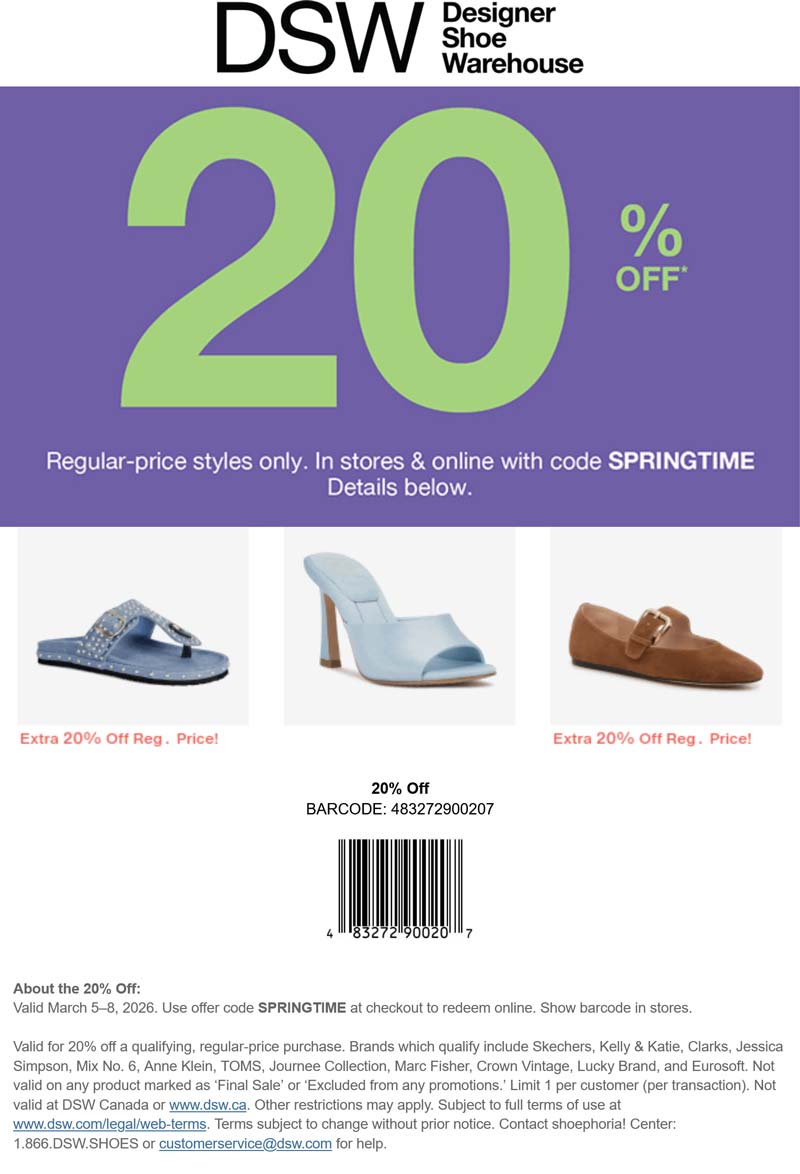 DSW stores Coupon  20% off at DSW, or online via promo code SPRINGTIME #dsw 
