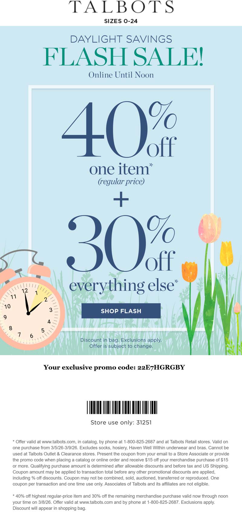 Talbots stores Coupon  40% off a single item today at Talbots #talbots 