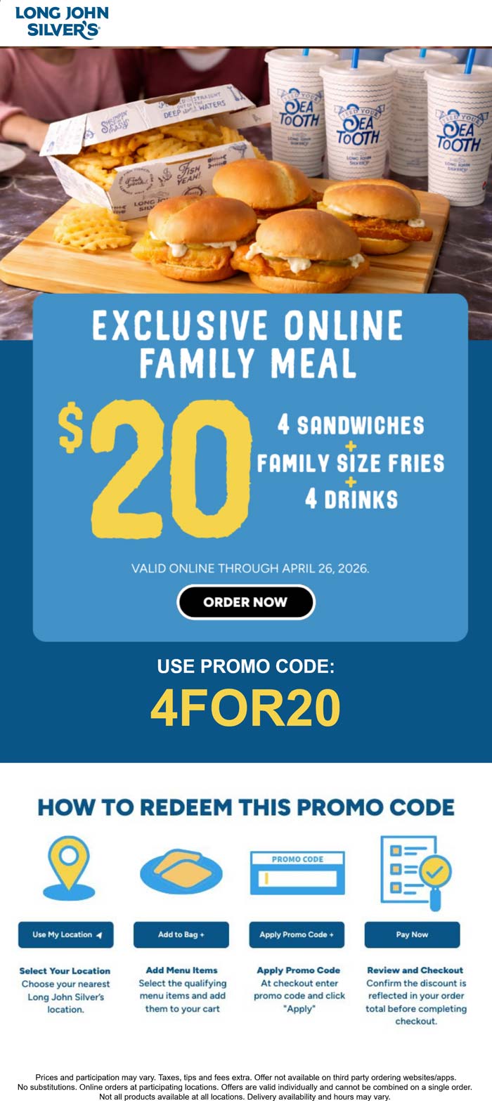 Long John Silvers restaurants Coupon  4 sandwiches + fries + 4 drinks = $20 at Long John Silvers via promo code 4FOR20 #longjohnsilvers 