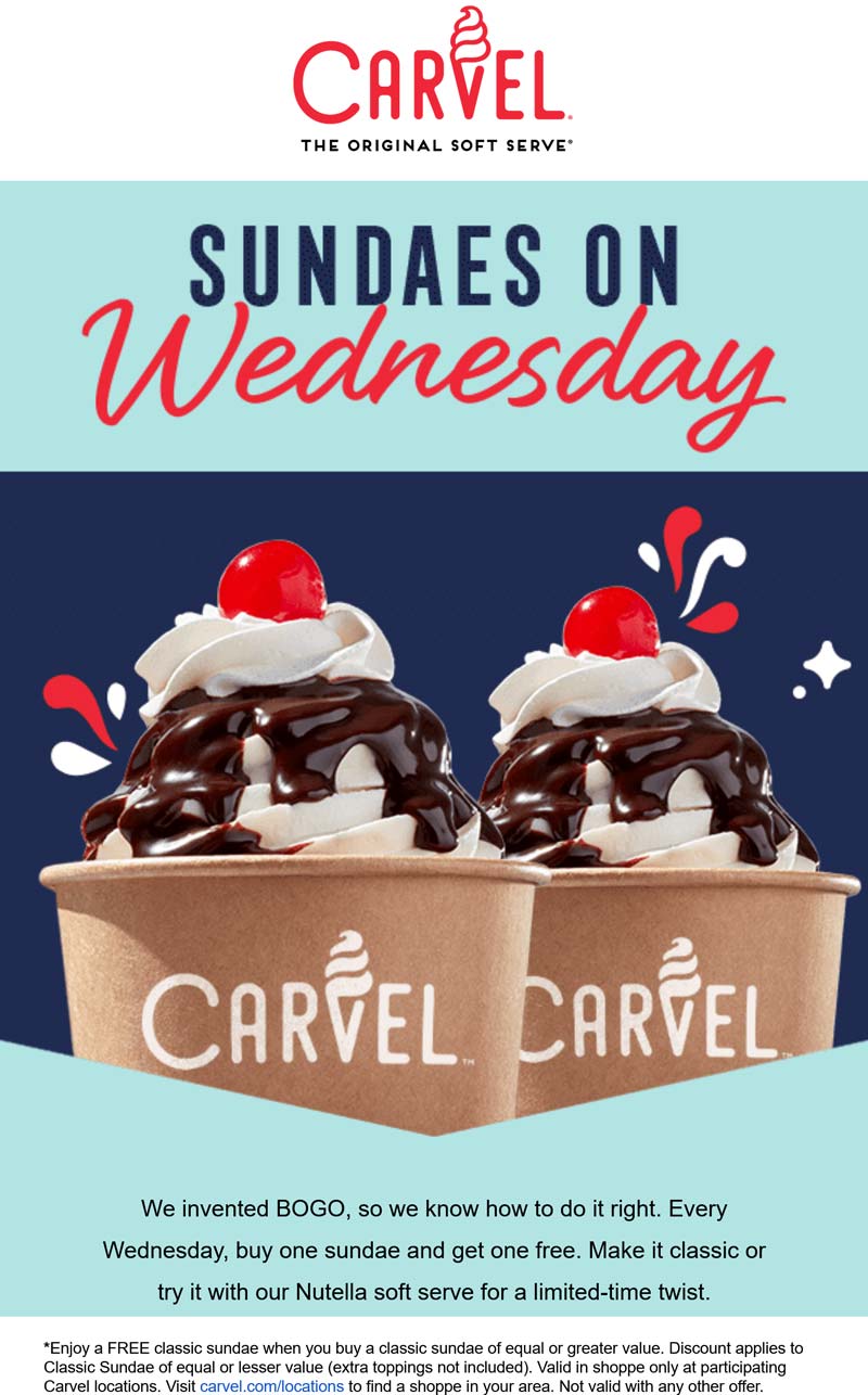 Carvel restaurants Coupon  Second sundae free today at Carvel ice cream #carvel 
