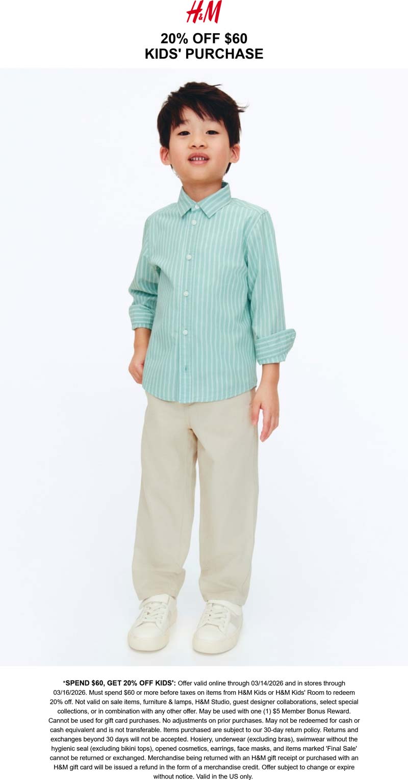 H&M stores Coupon  Kids is 20% off $60+ at H&M #hm 