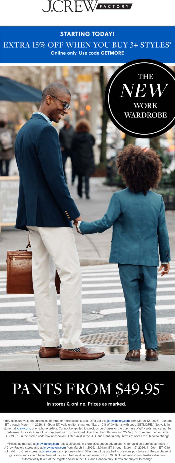 J.Crew Factory stores Coupon  Extra 15% off 3+ items at J.Crew Factory via promo code GETMORE #jcrewfactory 