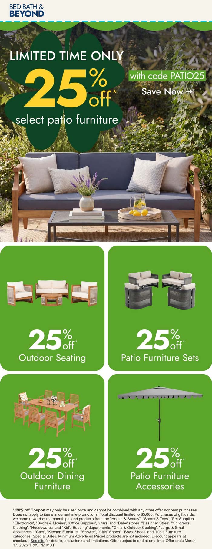 Bed Bath & Beyond stores Coupon  25% off patio season at Bed Bath & Beyond via promo code PATIO25 #bedbathbeyond 