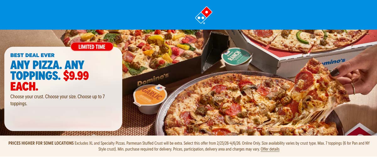 Dominos restaurants Coupon  Large 7-topping pizza = $10 at Dominos #dominos 