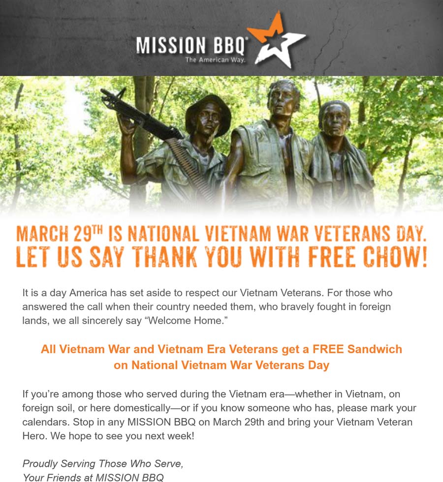 Mission BBQ Vietnam vets enjoy a free sandwich the 29th at Mission BBQ #missionbbq Mission BBQ restaurants Coupon Vietnam vets enjoy a free sandwich the 29th at Mission BBQ #missionbbq