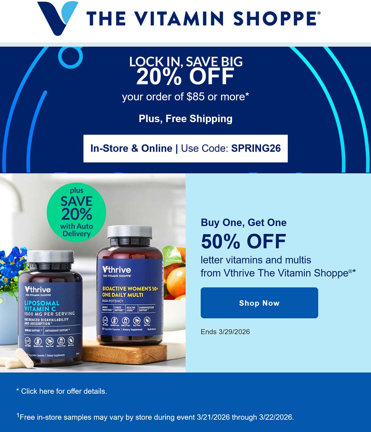 The Vitamin Shoppe stores Coupon  20% off $85 today at The Vitamin Shoppe, or online via promo code SPRING26 #thevitaminshoppe 