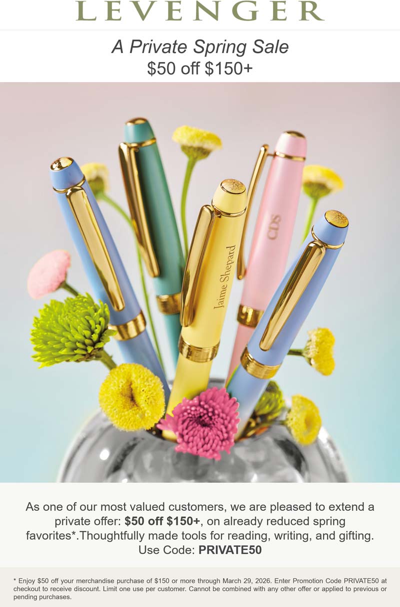 Levenger $50 off $150 at Levenger via promo code PRIVATE50 #levenger Levenger stores Coupon $50 off $150 at Levenger via promo code PRIVATE50 #levenger