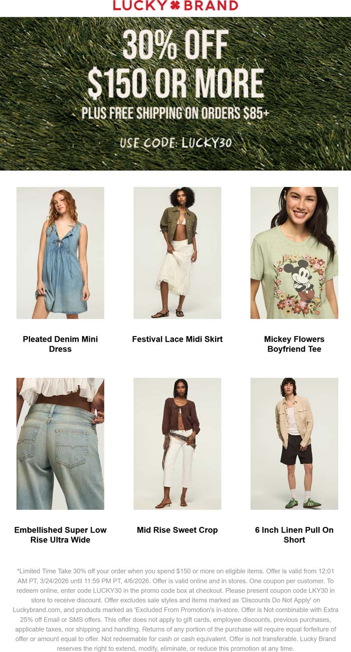 Lucky Brand stores Coupon  30% off $150 at Lucky Brand via promo code LUCKY30 #luckybrand 
