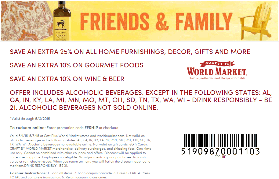 World Market Coupon April 2024 25% off today at Cost Plus World Market, or online via promo code FFSHIP