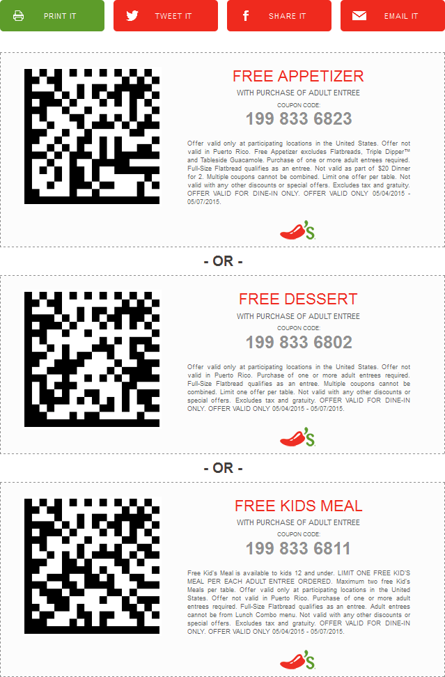 Chilis Coupon April 2024 Free appetizer, dessert or kids meal with your entree at Chilis