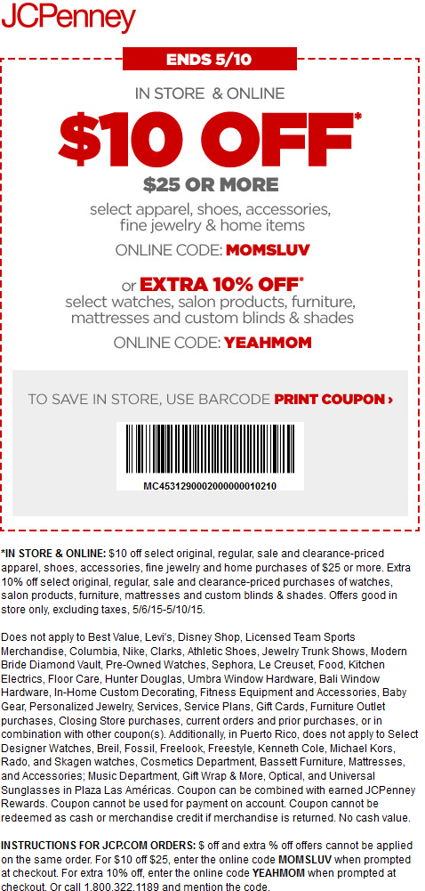 JCPenney Coupon April 2024 $10 off $25 at JCPenney, or online via promo code MOMSLUV