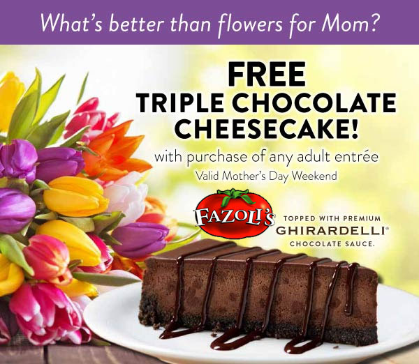 Fazolis Coupon April 2024 Chocolate cheesecake free with your entree Sunday at Fazolis restaurants