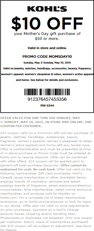 Kohls Coupon April 2024 $10 off $50 on Mothers Day gifts at Kohls, or online via promo code MOMSDAY10