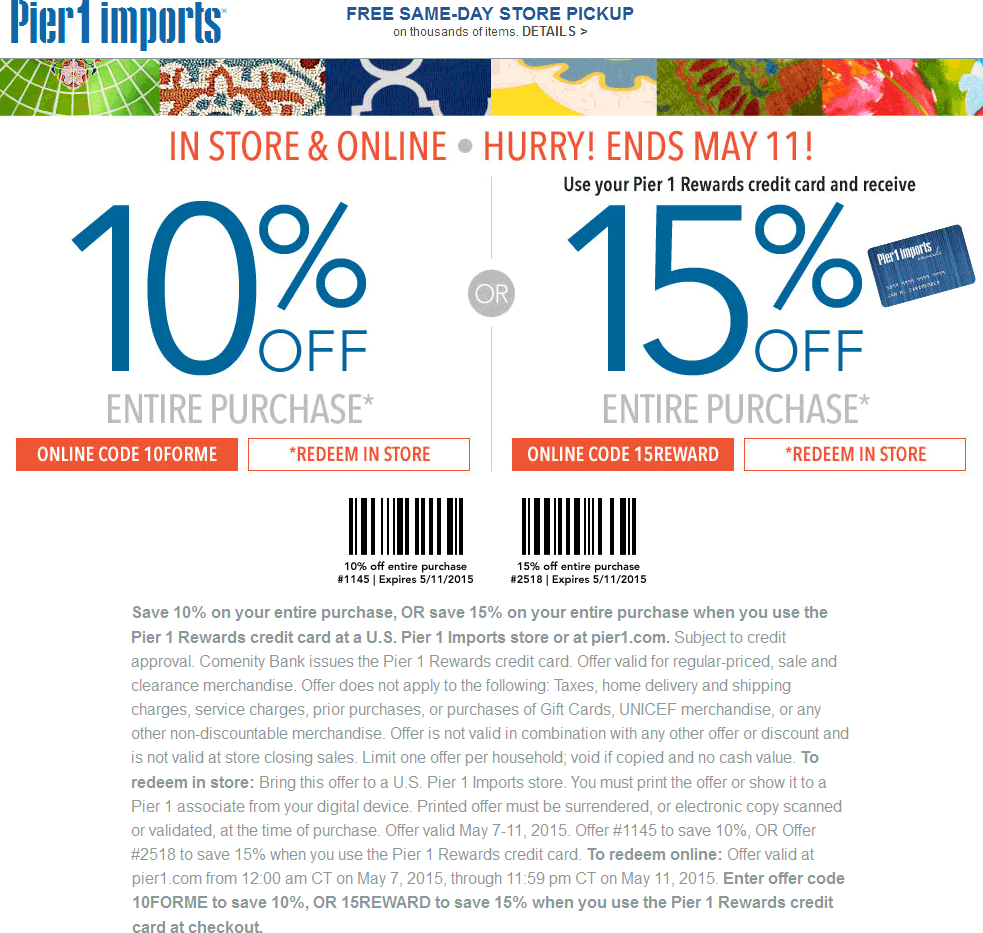 Pier 1 Coupon April 2024 10% off everything at Pier 1 Imports, or online via promo code 10FORME