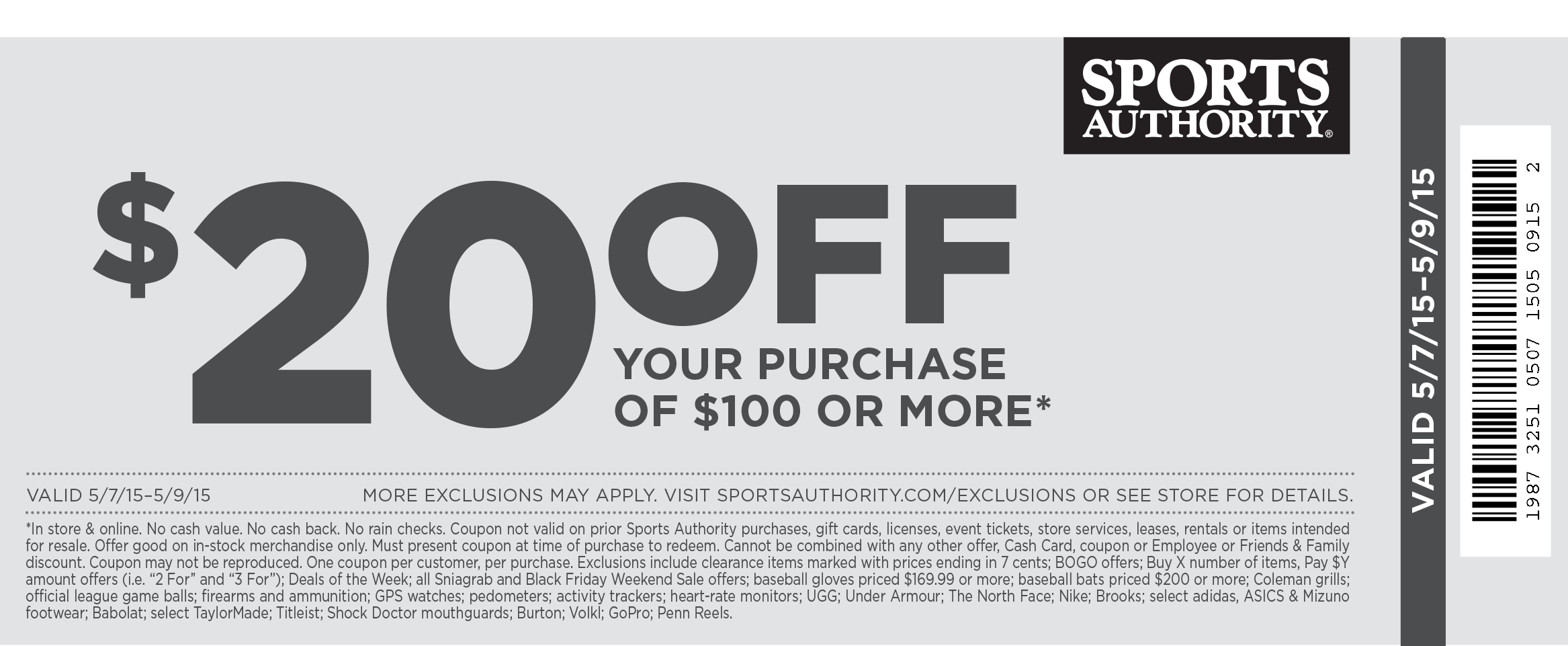 Sports Authority Coupon March 2024 $20 off $100 at Sports Authority, ditto online