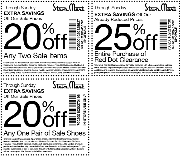 Stein Mart Coupon April 2024 Extra 20% off a couple sale items & more at Stein Mart, or online via promo code SHOPSALE