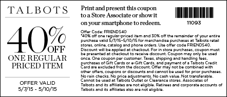 Talbots Coupon April 2024 40% off a single item at Talbots, or online via promo code FRIENDS40