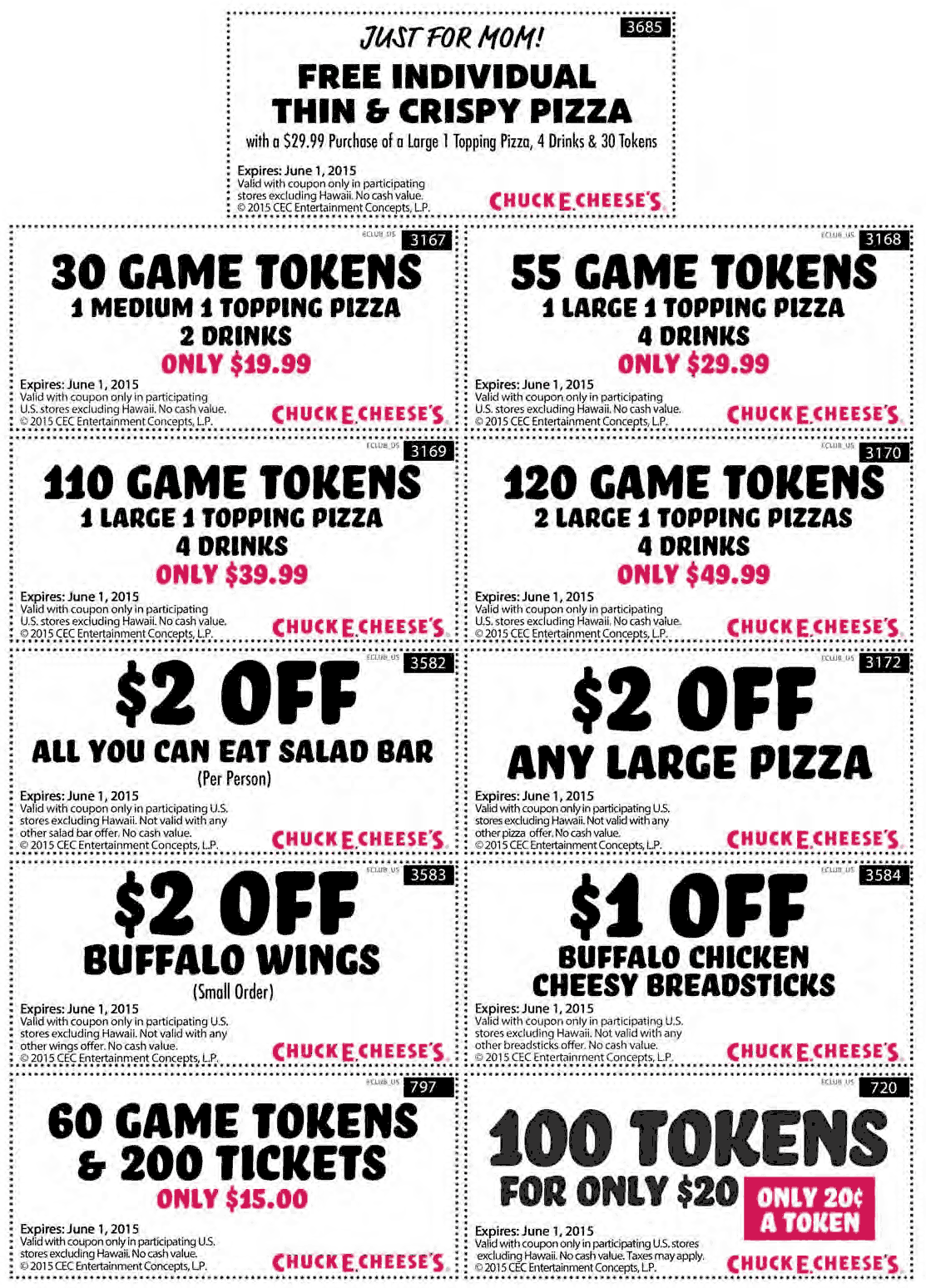 Chuck E. Cheese Coupon April 2024 Free pizza with $30 combo, 100 tokens for $20 & more at Chuck E. Cheese